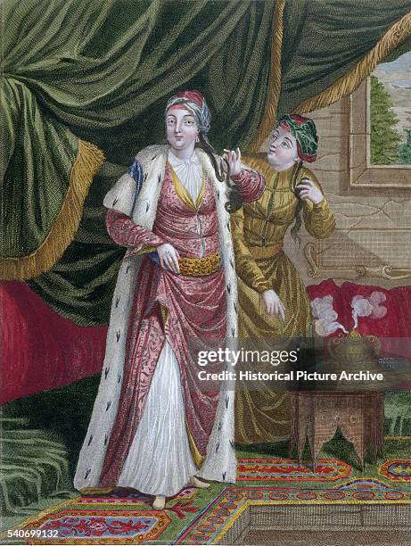 Print of an early 18th century engraving by Le Hay of a Sultan's queen from the nations of the Levant, within the Ottoman Empire.