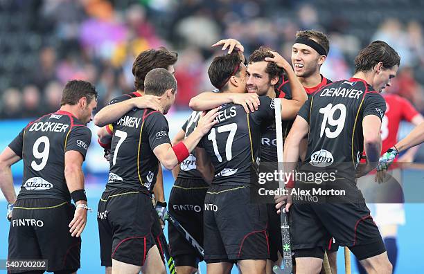 Florent van Aubel of Belgium celebrates scoring their first goal during the FIH Mens Hero Hockey Champions Trophy match between Great Britain and...