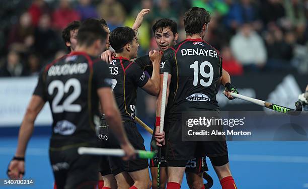 Loick Luypaert of Belgium celebrates scoring their second goal during the FIH Mens Hero Hockey Champions Trophy match between Great Britain and...
