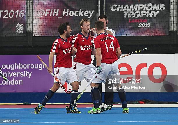 Barry Middleton of Great Britain celebrates scoring their first goal during the FIH Mens Hero Hockey Champions Trophy match between Great Britain and...