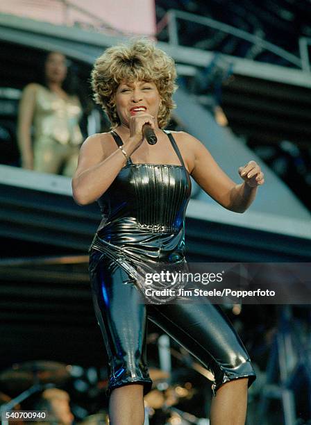 Tina Turner performing on stage at Wembley Stadium in London on the 15th July, 2000.