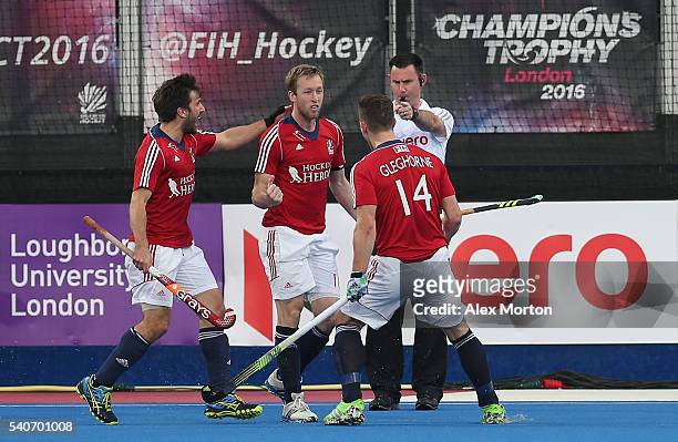 Barry Middleton of Great Britain celebrates scoring their first goal during the FIH Mens Hero Hockey Champions Trophy match between Great Britain and...