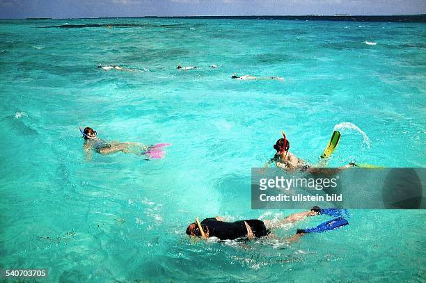 Touristen vergnügen sich im warmen Meerwasser auf der maledivischen Insel Kuredu. Mit Schnorcheln, Tauchbrillen und Schwimmflossen ausgerüstet...