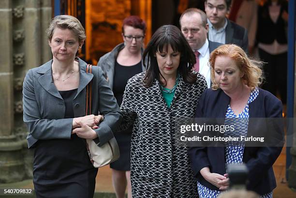 Labour MPs, Yvette Cooper, Rachel Reeves and Judith Cummins attend a vigil at St Peter's church for Jo Cox Labour MP for Batley and Spen, who was...