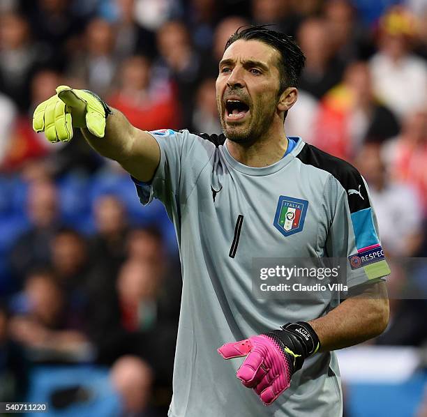 Gianluigi Buffon of Italy reacts during the UEFA EURO 2016 Group E match between Belgium and Italy at Stade des Lumieres on June 13, 2016 in Lyon,...