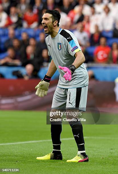 Gianluigi Buffon of Italy reacts during the UEFA EURO 2016 Group E match between Belgium and Italy at Stade des Lumieres on June 13, 2016 in Lyon,...