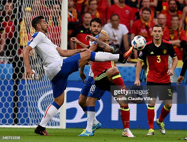 Graziano Pelle of Italy in action during the UEFA EURO 2016 Group E match between Belgium and Italy at Stade des Lumieres on June 13, 2016 in Lyon,...