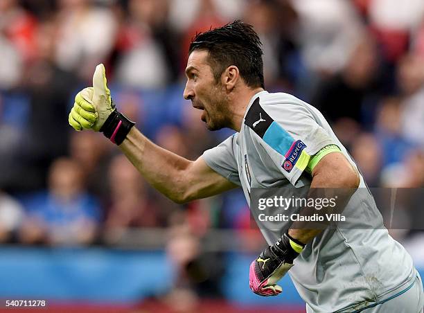 Gianluigi Buffon of Italy reacts during the UEFA EURO 2016 Group E match between Belgium and Italy at Stade des Lumieres on June 13, 2016 in Lyon,...