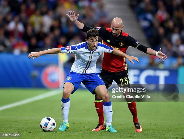 Matteo Darmian of Italy in action during the UEFA EURO 2016 Group E match between Belgium and Italy at Stade des Lumieres on June 13, 2016 in Lyon,...