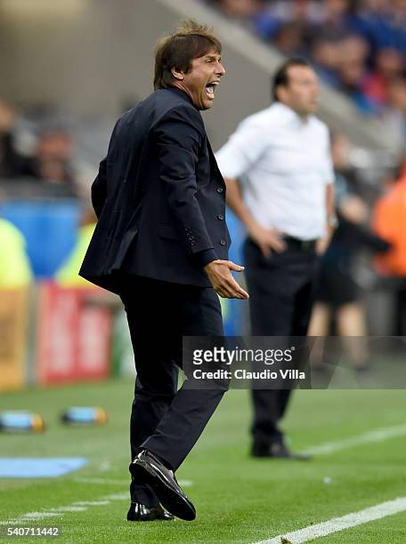 Head coach Italy Antonio Conte reacts during the UEFA EURO 2016 Group E match between Belgium and Italy at Stade des Lumieres on June 13, 2016 in...