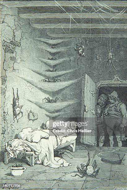 An engraving by the French printmaker Gustave Dore of The Spare Bed at the Crocodile, a scene from the Legend of Croquemitaine.