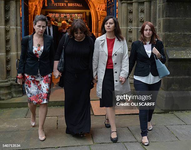 Labour MP's Mary Creagh and Caroline Flint leave St Peters church in Birstall after attending a vigil to slain Labour MP Jo Cox on June 16, 2016. Cox...