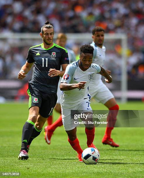 Raheem Sterling of England in action during the UEFA Euro 2016 Group B match between England and Wales at Stade Bollaert-Delelis on June 16, 2016 in...