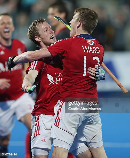 Barry Middleton of Great Britain celebrates scoring their third goal with team mate Sam Ward during the FIH Mens Hero Hockey Champions Trophy match...