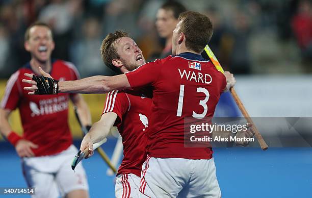 Barry Middleton of Great Britain celebrates scoring their third goal with team mate Sam Ward during the FIH Mens Hero Hockey Champions Trophy match...