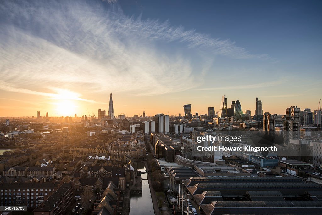 Aerial of City of London at sunset looking west