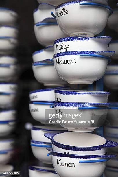 typical breton cider bowls - bretagne stock pictures, royalty-free photos & images