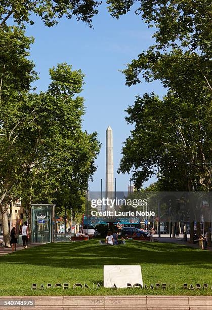obelisk on av diagonal and passeig de gracia - obelisk stock pictures, royalty-free photos & images