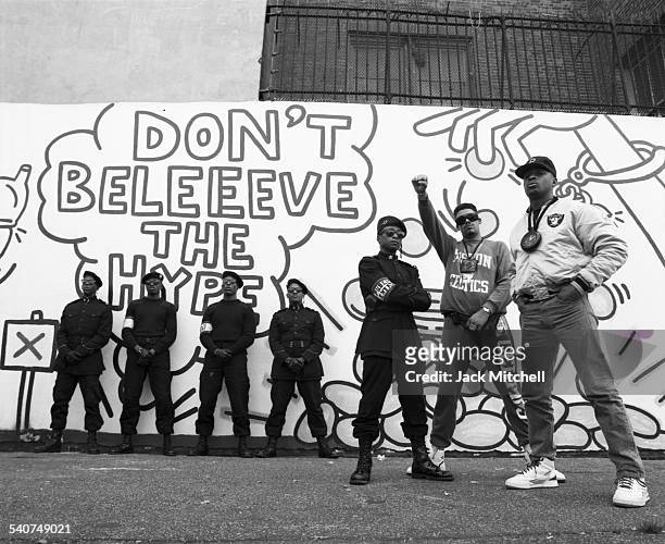 Chuck D, Flavor Flav, Terminator X, and members of the hip hop group Public Enemy, photographed in September 1988.