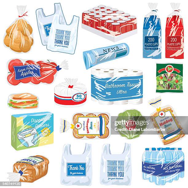 illustrations, cliparts, dessins animés et icônes de plats et les produits sont emballés dans du plastique flexible recyclables - bouteille-plastique