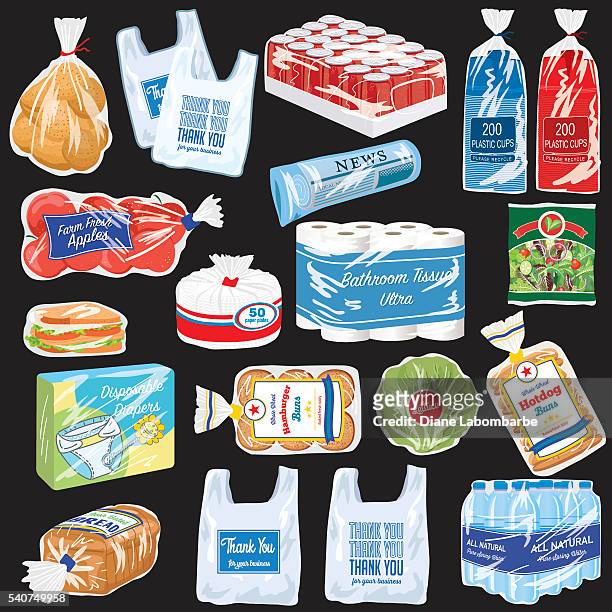 food and products that are wrapped in plastic - bread packet stock illustrations