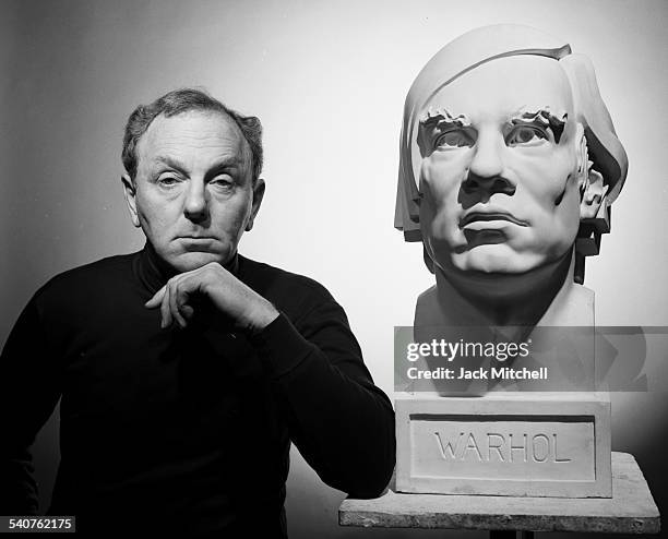 Artist Gerald Laing with his larger-than-life bust of Andy Warhol, in November 1988.