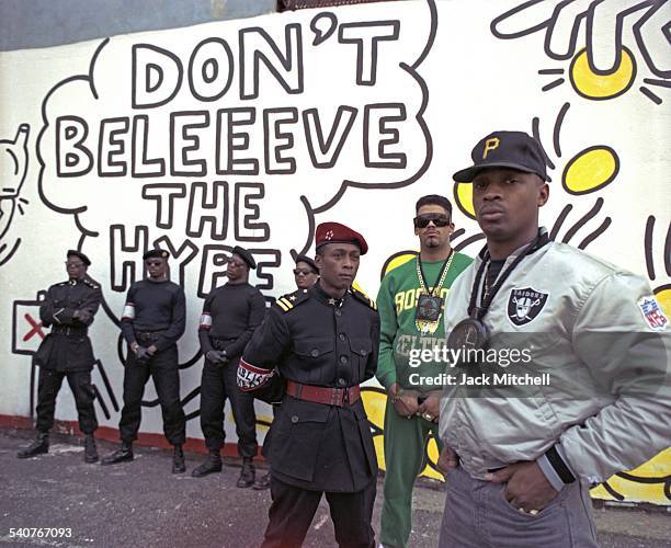 Chuck D, Flavor Flav, Terminator X, and members of the hip hop group Public Enemy, photographed in September 1988.