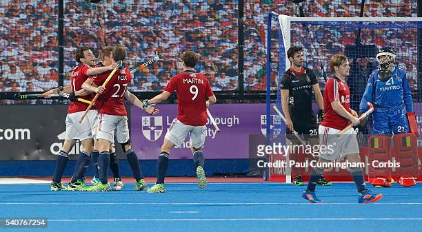 Great Britain celebrate the goal that took them to 3 all during the FIH Mens Hero Hockey Champions Trophy match between Great Britain and Belgium at...