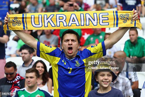 Ukraine fan shows his support prior to the UEFA EURO 2016 Group C match between Ukraine and Northern Ireland at Stade des Lumieres on June 16, 2016...