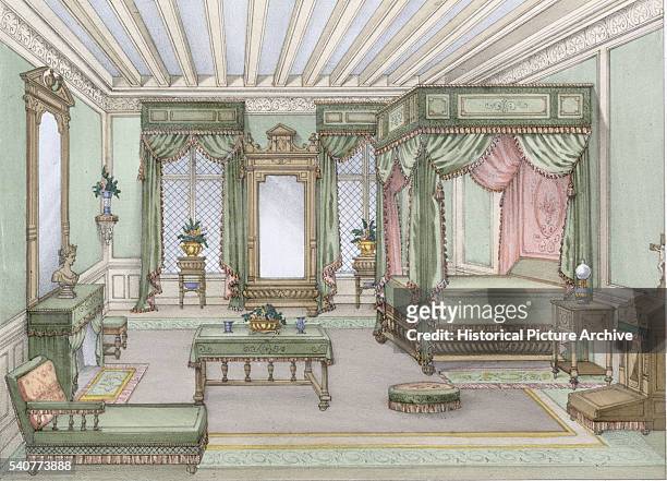 19th Century European Print Depicting Bedroom Design in Regency Style