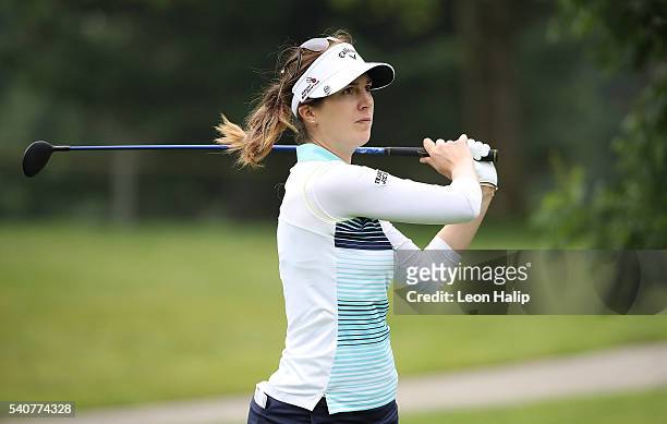 Sandra Gal hits her tee shot on the 18th hole during the first round of the Meijer LPGA Classic on June 16, 2016 at the Blythefield Country Club in...