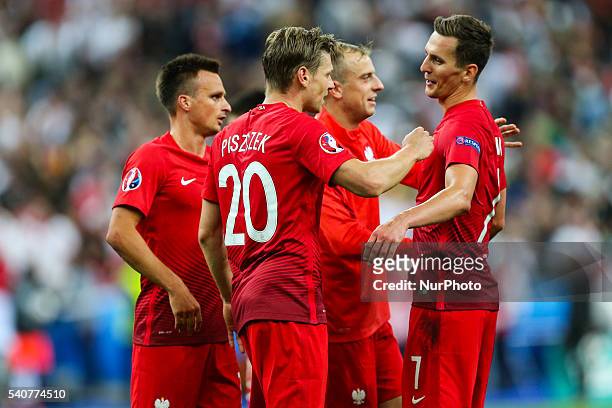 Arkadiusz Milik , Lukasz Piszczek , Kamil Grosicki during the UEFA EURO 2016 Group C match between Germany and Poland at Stade de France on June 16,...