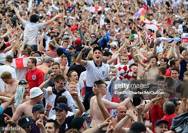 England fans celebrate as England score whilst watching the big screen television at the UEFA 2016 Fanzone on June 16, 2016 in Lille, France.