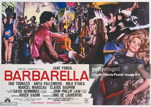 An Italian poster for Roger Vadim's 1968 adventure film 'Barbarella' starring Jane Fonda and David Hemmings.