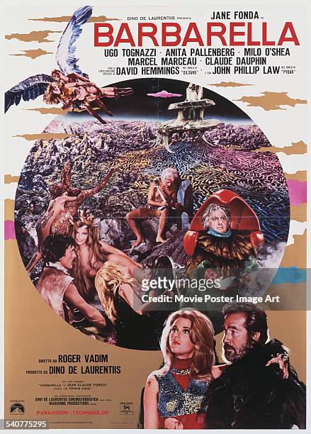 An Italian poster for Roger Vadim's 1968 adventure film 'Barbarella' starring David Hemmings, Ugo Tognazzi, Jane Fonda, Marcel Marceau, and Anita...