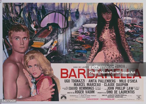 An Italian poster for Roger Vadim's 1968 adventure film 'Barbarella' starring John Phillip Law and Jane Fonda.