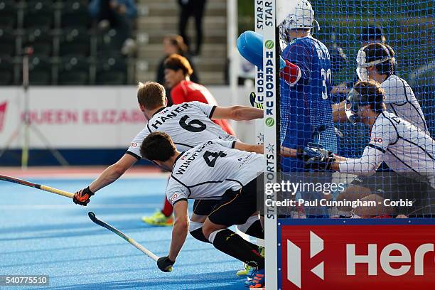 Germany defend from the goalmouth during the FIH Mens Hero Hockey Champions Trophy match between Korea and Germany at Queen Elizabeth Olympic Park on...