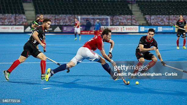 Iain Lewers of Great Britain during the FIH Mens Hero Hockey Champions Trophy match between Great Britain and Belgium at Queen Elizabeth Olympic Park...