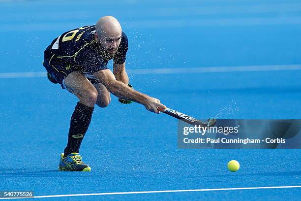 Matthew Swann of Australia during the FIH Mens Hero Hockey Champions Trophy match between India and Australia at Queen Elizabeth Olympic Park on June...