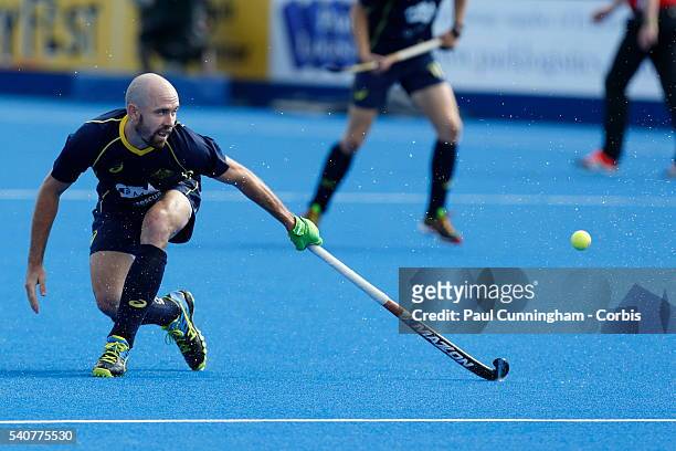 Matthew Swann of Australia during the FIH Mens Hero Hockey Champions Trophy match between India and Australia at Queen Elizabeth Olympic Park on June...