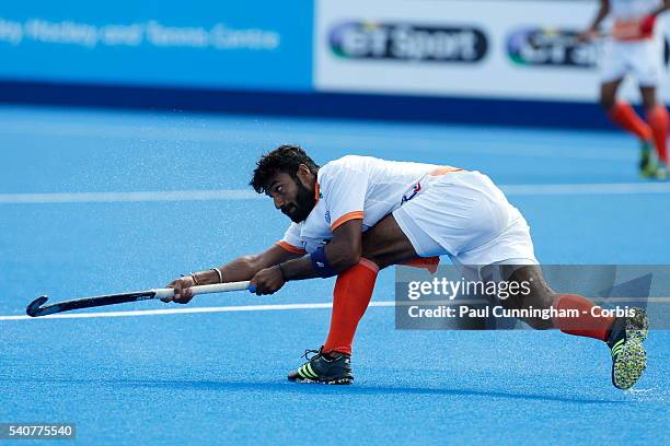 Surender Kumar of India during the FIH Mens Hero Hockey Champions Trophy match between India and Australia at Queen Elizabeth Olympic Park on June...