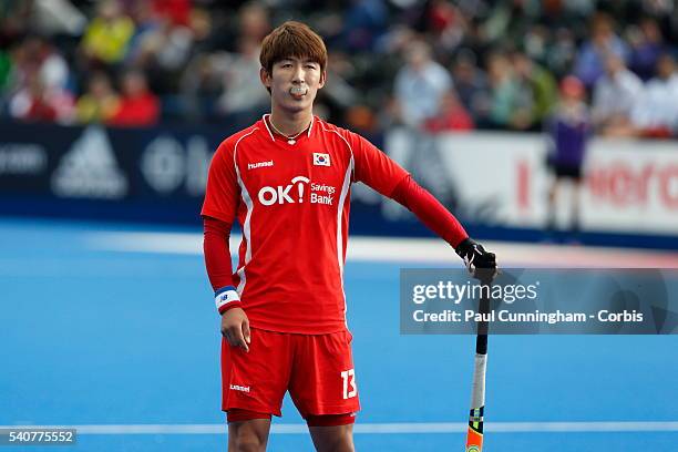 Juhun Lee of Korea during the FIH Mens Hero Hockey Champions Trophy match between Korea and Germany at Queen Elizabeth Olympic Park on June 16, 2016...