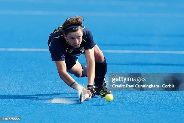 Flynn Ogilvie of Australia during the FIH Mens Hero Hockey Champions Trophy match between India and Australia at Queen Elizabeth Olympic Park on June...