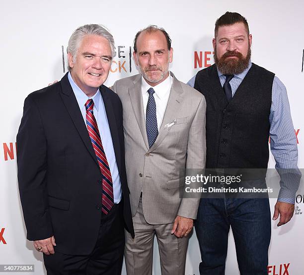 Actors Michael Harney, Nick Sandow and Brad William Henke attend "Orange Is The New Black" premiere at SVA Theater on June 16, 2016 in New York City.