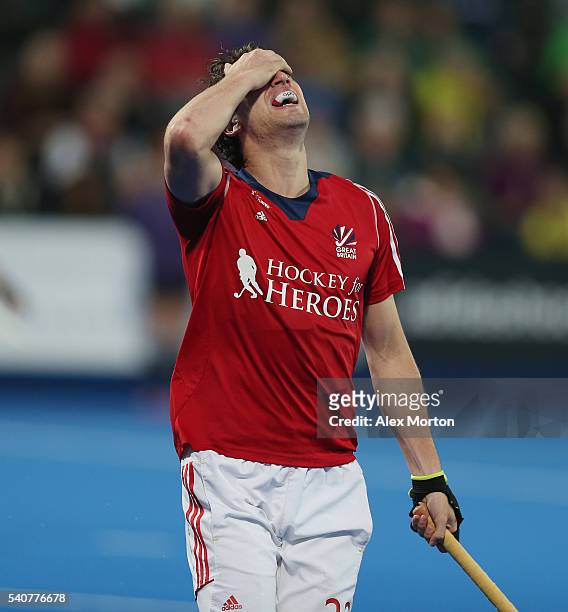 David Condon of Great Britain reacts afer missing a chance to score during the FIH Mens Hero Hockey Champions Trophy match between Great Britain and...