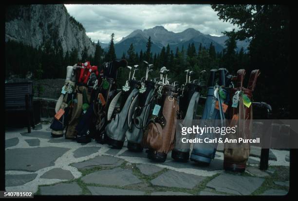 line of golf bags at banff springs golf course - banff springs golf course stock pictures, royalty-free photos & images