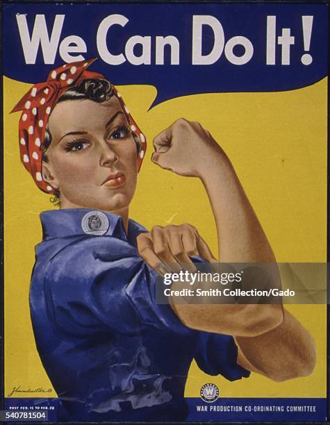 Classic wartime poster featuring Rosie the Riveter, with the caption We Can Do It!, 1942 Image courtesy National Archives. .