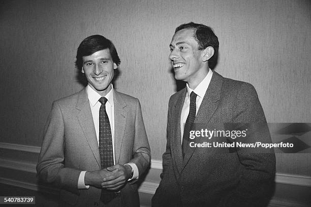 English track athletes and middle distance runners, Sebastian Coe and Steve Ovett pictured together in London on 4th May 1982.