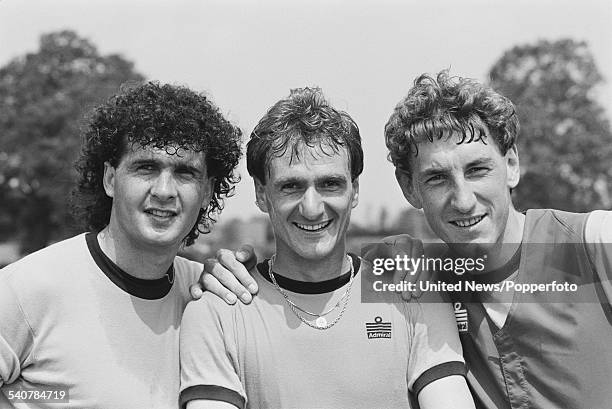 English footballers, Steve Foster, Phil Thompson and Terry Butcher pictured together at the press conference held on 8th June 1982 to announce the...