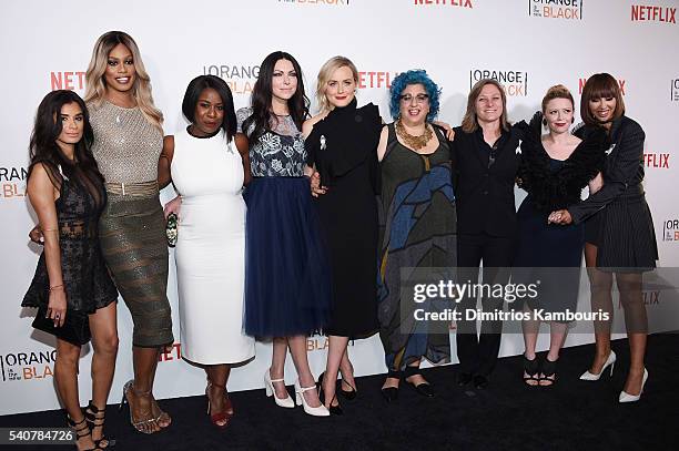 Diane Guerrero, Laverne Cox, Uzo Aduba, Laura Prepon, Taylor Schilling, Jenji Kohan, Cindy Holland, Natasha Lyonne and Jackie Cruz attend "Orange Is...